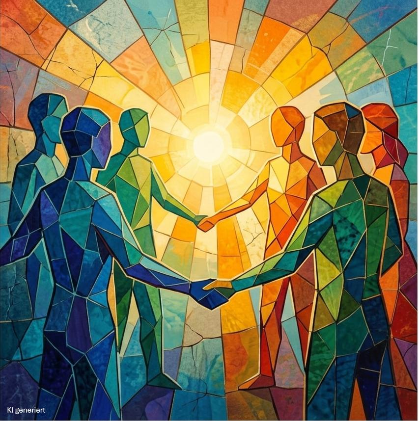 Eine kleine Gruppe von Menschen, die sich begegnen und die Hände reichen, KI generiert